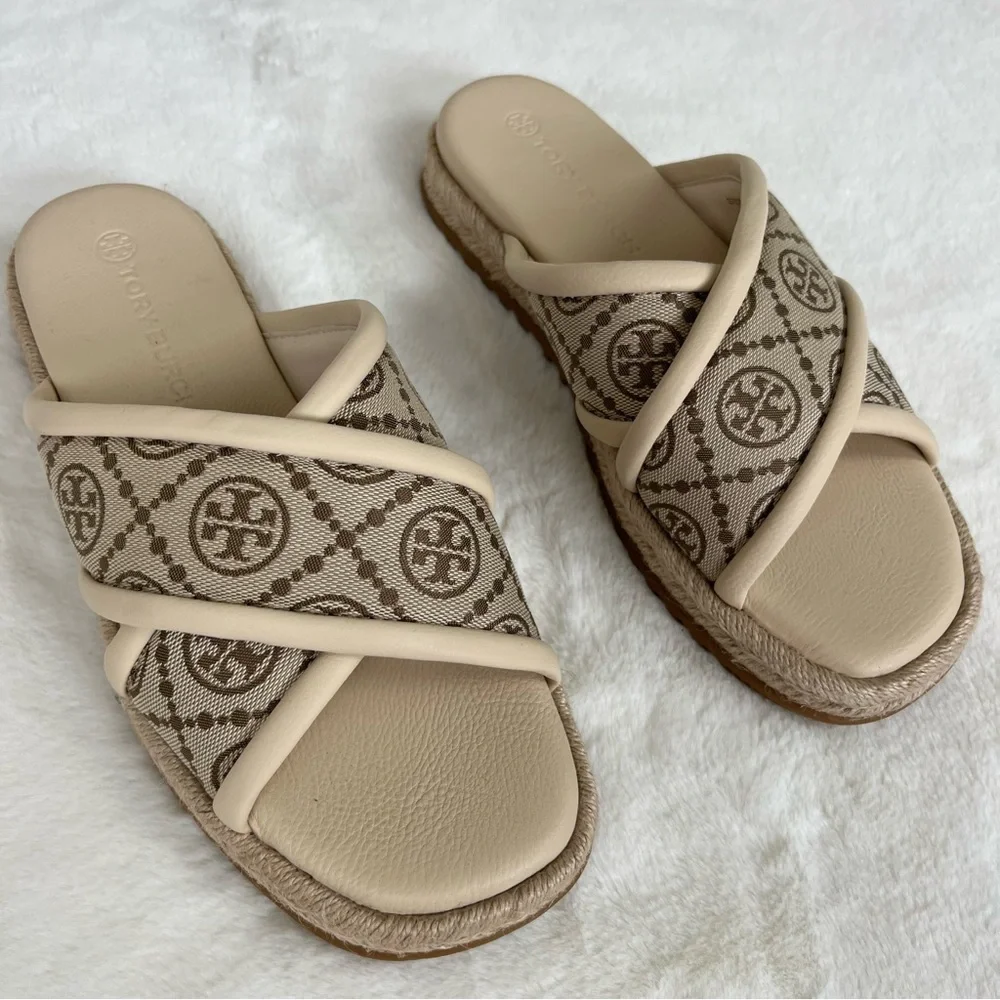 NWOT TORY BURCH T MONOGRAM CRISSCROSS ESPADRILLE SLIDES SIZE 8.5 - Picture 10 of 16